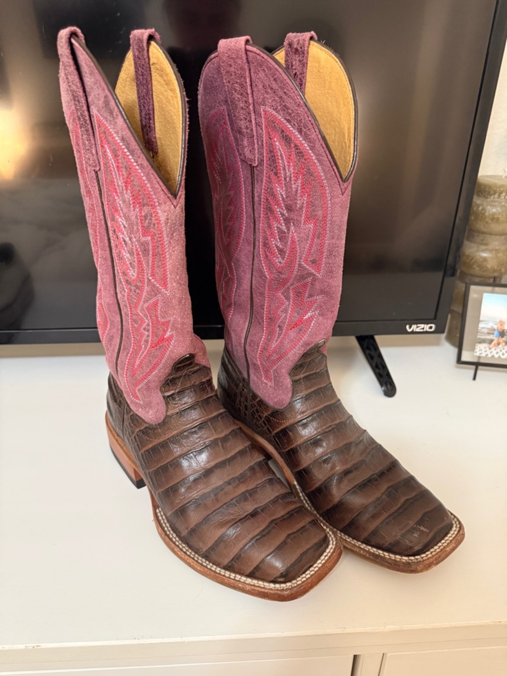 Macie Bean Brown Caiman Belly Western Boots with Pink Suede Shaft